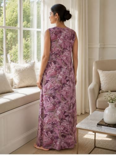 Image of 9shines Label Alpine Sleeveless Nighty | All Over Print Maxi for Women | Night wear for Women | Full Length Night Gown for Women | Night Dress for Women Stylish (Alpine Sleeveless 24)