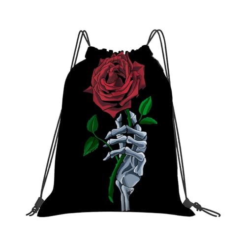 Skeletonn Handd Holdingg Stem Flowerr Graphicc Designn Redd Rosee String bag For Gym