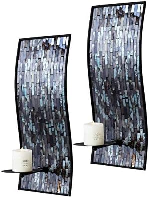 WHOLE HOUSEWARES | Decorative Metal Wall Candle Sconces | Vintage Wall Candle Holders | Wall Décor for Candles | Mosaic Glass Set of 2 (Blue/Brown)