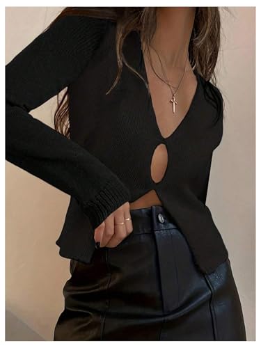Women's Y2K Cut Out Sweater V Neck Split Cropped Sweater Open Front Long Sleeve Knitted Pullover Tops Streetwear4