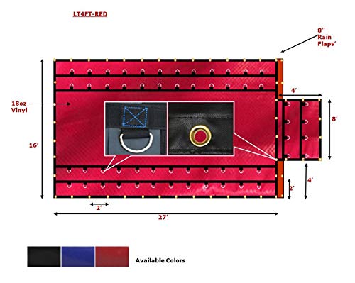 Mytee Products 16' X 27' Flatbed Truck 18 Oz Steel Tarp With 4 Ft Drop & Flap - Red Heavy Duty Vinyl Waterproof Tarp For Trailers To Protect Cargo From Wind, Rain, Snow And Sun #TOP7