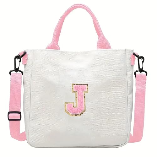 Crossbody Bag for Girls Initial Canvas Travel Messenger Bag Letter Birthday Present Teen Girls Holiday Present (Pink J)