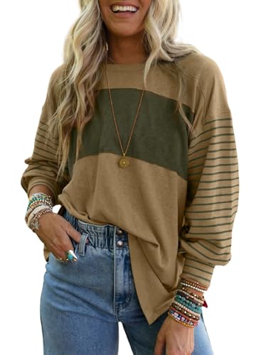Dokotoo Long Sleeve Shirts Womens Tops Cute 2025 Spring Outfits Trendy Sweatshirt Business Casual Loose Fit Dressy Oversized Fashion Ladies Tunics Work Blouses Striped Colorblock Knit Tops Clothing