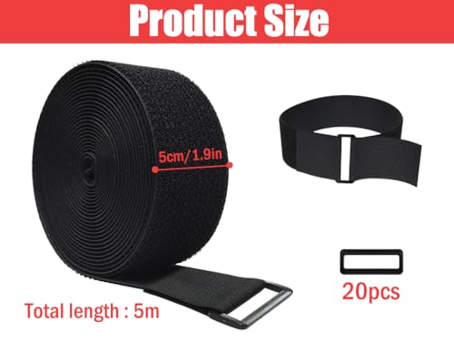 Hitopin 1 Stück klettband kabelbinder, Klettbänder Klettverschluss Stark, Klett Kabelbinder, Klettverschluss Band, mit 20 Schnallen, für Innenbereich und Außenbereich(5cm*5m,Schwarz)