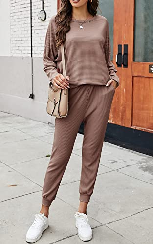 Prettygarden Women's 2023 Fall Fashion Outfits 2 Piece Sweatsuit Solid Color Long Sleeve Pullover Long Pants (Coffee,Medium) #TOP3