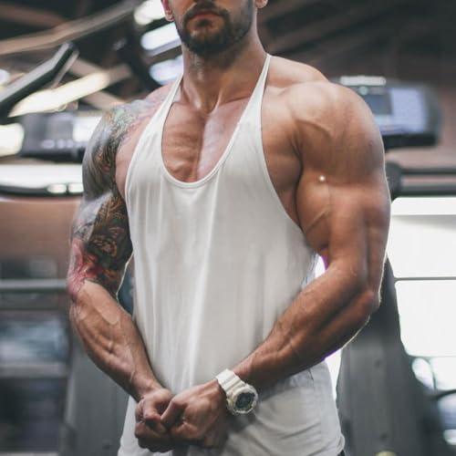 Ychnaim Muscle Gym Stringer Tank Tops para Entrenamiento Culturismo Chaleco Deportivo Racerback Algodón Color Blanco Size L