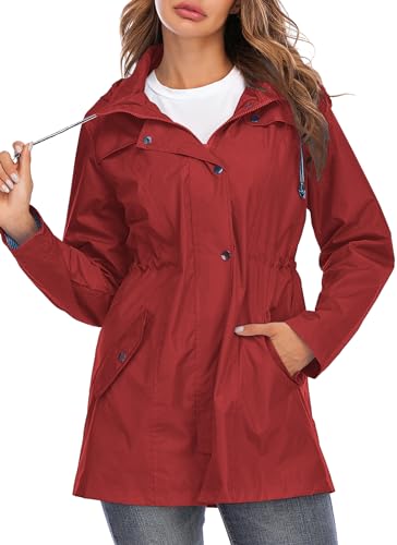 Kikibell Burgundy Womens Spring Coats Rain Jacket Women Striped Lined Hooded Lightweight Raincoat Wine Red M thumb #2