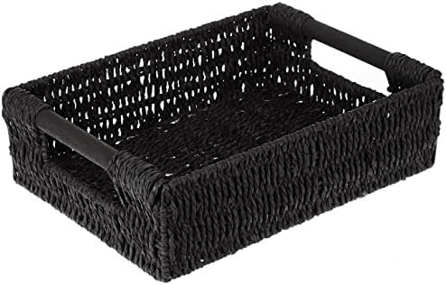 woodluv Multipurpose Paper Rope Storage Hamper Basket With Wooden Handle, Black, Medium - Ideal For Home/Office & Gifts Hamper