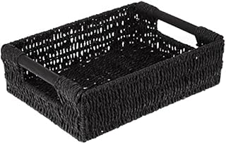 woodluv Multipurpose Paper Rope Storage Hamper Basket With Wooden Handle, Black, Medium - Ideal For Home/Office & Gifts Hamper