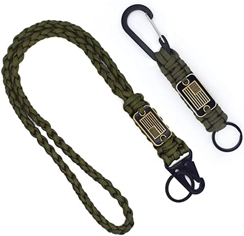 Paracord Lanyard - Military Key Lanyard for Men with USA Flag, Braided Heavy Duty Lanyard With HK Clip Hook for Keys, Camera and ID Badges(Army Green Lanyard+Keychain)