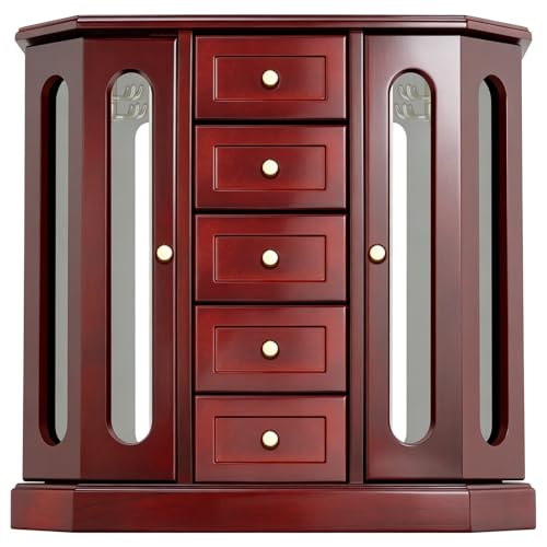 RR ROUND RICH DESIGN Vintage Jewelry Armoire with Mirror - Solid Wood Jewelry Box Organizer with 5 Drawers & 2 Glass Doors - Large Capacity Desktop Dresser Case for Rings, Earrings, Necklaces Brown