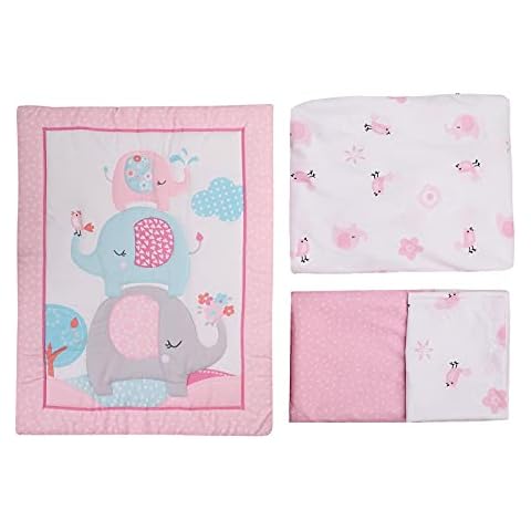 Baby Bedding Sets for Boys and Girls Crib, 3 Pieces Standard Size Elephants Theme Crib Bedding Set, Baby Nursery Crib Bedding Set Including Crib Quilt, Fitted Sheet, Crib Skirt - Pink & Gray Cover