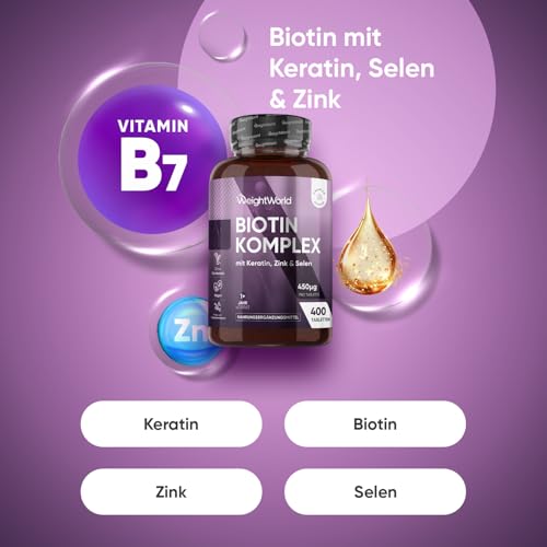 Biotin Komplex mit Keratin 25mg, Selen, Zink - 400 vegane Tabletten - 1+ Jahre Vorrat - Biotin trägt zur Erhaltung normaler Haare bei (EFSA) - Frei von Magnesiumstearat - WeightWorld