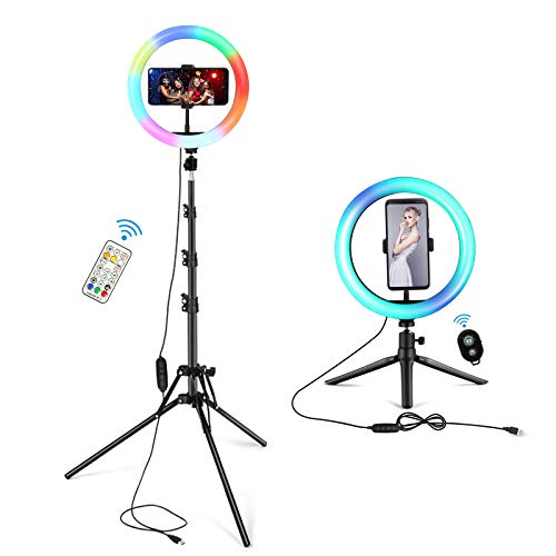 10" RGB LED Ring Light with Stand, Selfie Ring Light with Two Tripod Stand and Phone Holder & 10 Brightness Level & Camera Remote Shutter for TikTok/YouTube/Video/Live Stream/Makeup