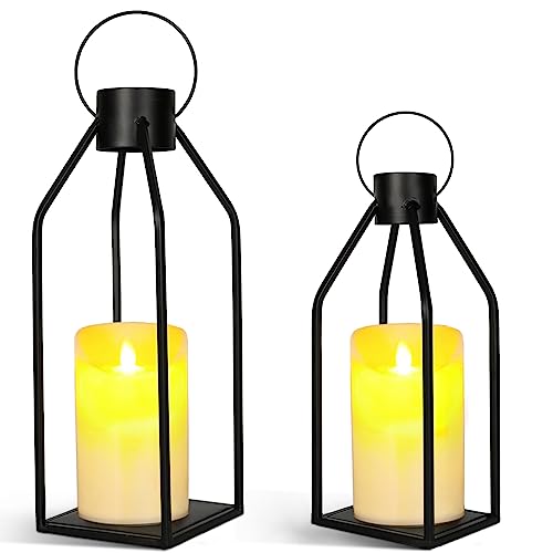 Rustic Farmhouse Candle Lantern Set of 2 Black Decorative Lanterns with Metal Wire Indoor Outdoor Home Decor with Flickering LED Candles Housewarming Wedding Christmas Halloween Gift