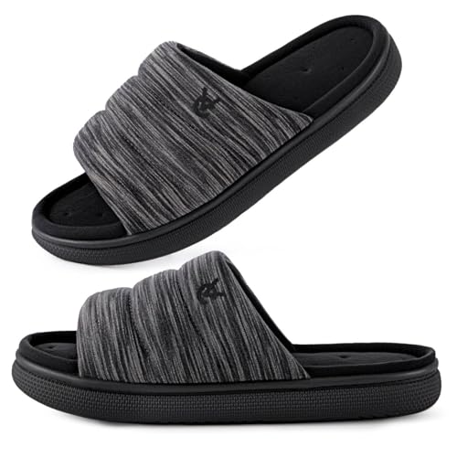 VeraCosy Mens Open-Toe Slippers Memory Foam Indoor Outdoor House Shoes for Men Black Speckle 11-12 US