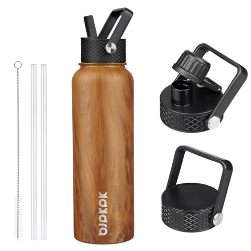 Image of BJPKPK Insulated Water Bottles with Straw Lid, 40oz Stainless Steel Water Bottles with 3 Lids, BPA Free Leakproof Thermo, Tumblers, Cups for Sports, Gym- Teakwood