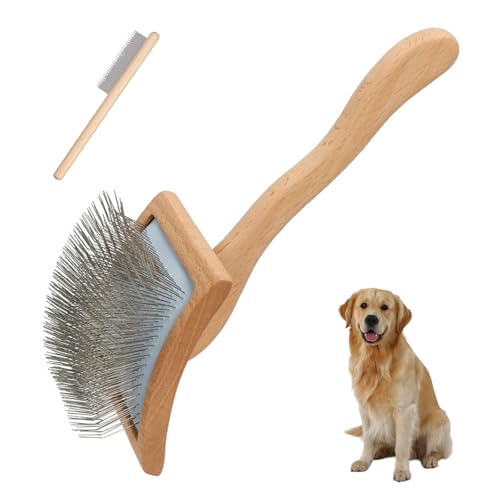 VELAJA Spazzola per Cani Pelo Lungo con Manico in Legno Curvo, Cardatore e Pettine per Rimuovere Nodi e Sottopelo, Per Cani e Gatti a Pelo Medio/Lungo come Golden Retriever, Maine Coon