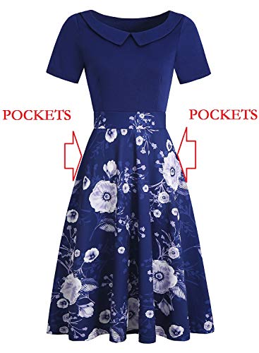 Image of Women's Elegant Vintage Dresses Knee Length Casual Floral Print Work Party Peter Pan Collar A-Line Dress with Pockets 978
