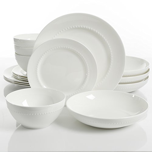 Gibson Elite Embossed Bone China Double Bowl Dinnerware Set, 16 Piece, White
