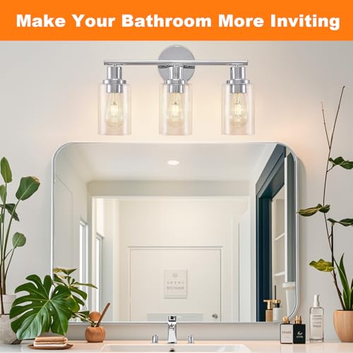 Image of DLLT 3-Light Bathroom Light Fixtures: Chrome Modern Vanity Lights with 3 E26 Bulbs - Clear Glass Shade Bathroom Wall Lamp for Mirror Kitchen Living Room Hallway Cabinet Porch