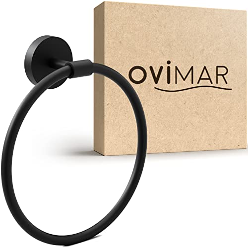 Image of ovimar Halsnoy Round Towel Ring | Stainless Steel Black Matt | Towel Holder for Drilling | Modern Design | Wall Mounted | for Bathroom, Guest Toilet or Kitchen