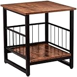 End Table, Industrial Side Table with 2-Tire Storage Shelf, 180LBS Mini Fridge Stand with Adjustable Feet, 18'x18' Wood Night Stand Small Bedside Table with Sturdy Metal Frame for Living Room Bedroom