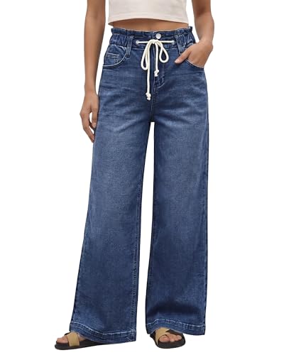 GRAPENT Women's Paperbag Jeans for Womens Bell Bottom High Waist Baggy Jeans for Women Y2K Cute Jean Pants Color Darkness Blue Size 12 Size 14