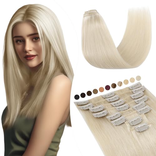 Elailite Extension Cheveux Naturel a Clip Lisse #60 BLOND PLATINE, Clip in Human Hair 8 Mèches 25cm 50g - Rajout Cheveux Naturelles