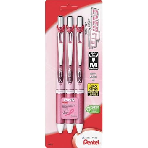 Pentel Pink BCA EnerGel Retractable Liquid Gel Pen, (0.7mm), Medium Line, Metal Tip, Pink Barrel, Black Ink, Pack of 3 (BL77PBP3A-BC)