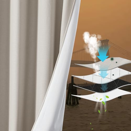 NICETOWN Dust Isolate Sound Barrier 100% Blackout Angora Faux Linen Curtains 84" Long 2 Panels, Non-Oily Particle, Noise, Cold & Cold Blocking Drapes