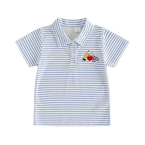 Baby First Day of Preschool Shirt Toddler Kids Boy Girl Back to School Outfits Kindergarten Graduation Collared Tee Top (Blue Strip, 5-6 Years)