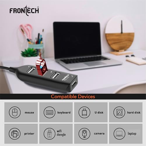 Image of Frontech USB Hub with 4 Port | Switches & LED Indicators | Extra Power Support|480 Mbps Speed - Each Port|Fuse Protection for PC, USB Flash Drives (NC-0056)