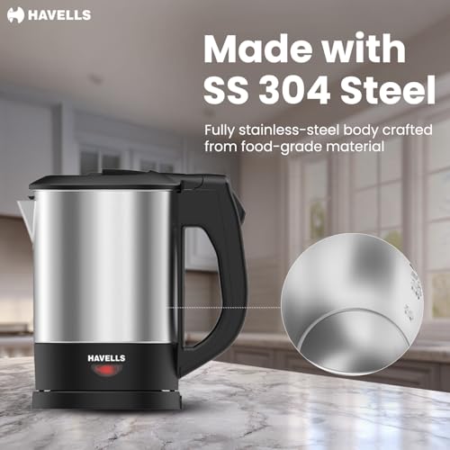 Image of Havells HOTSIP Electric Kettle | 1250 W | 1 L Capacity | Rust Resistant 304 Stainless Steel Tank | Triple Safety Protection | Wider Mouth for Easy Filling (Black & Silver)