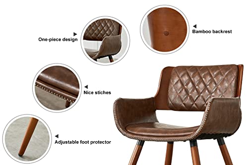Artplan Mid-Century Modern Accent Bamboo Small Arm Chair With Pu Upholstered Dining Chair For Living Room, Set Of 2,Brown #TOP6
