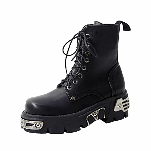 BBOOY Bottines Goth épaisses pour Femmes, Bottes de Chevalier de Moto à Plate-Forme à Lacets et à Bout carré, Bottines de Motard en Cuir Verni d'hiver antidérapantes,Noir,38 Cover