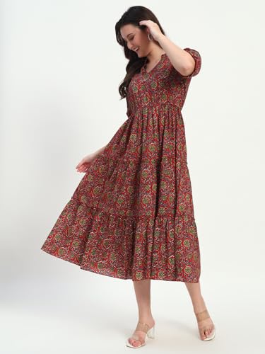 Image of Women's Fit and Flare Dress I Pure Cotton Long Summer Maxi Dress I V-Neck I Casual Wear I Printed Kalamkari Floral Middi
