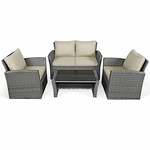 Juego de 4 muebles de ratán para patio, sofá, mesa, estante de almacenamiento, color caqui, sofá biplaza, color gris