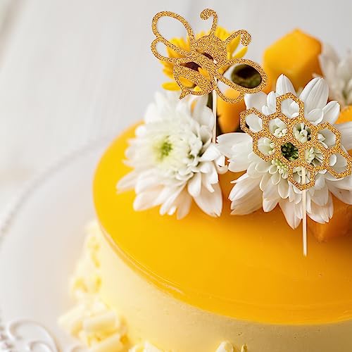 Whaline 48Pcs Bee Cupcake Toppers Bee Toothpicks Glitter Bumble Bee Sunflower Cupcake Picks Honeycomb Shape Food Sticks For World Bee Day Spring Summer Party Cake Decorations Supplies, 6 Design #TOP3