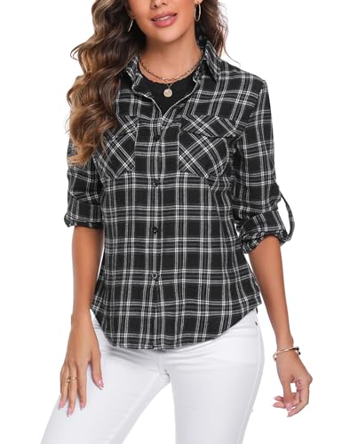 Irevial Camisa de Cuadros Algodón Mujer Camisa Leñador Mujer Blusa Franela de Manga Larga Elegante Básico Shirt Camisa Casual Tops,Negro/Blanco L