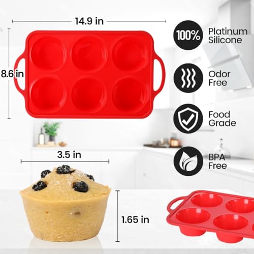 Image of CAKETIME Large Muffin Pan Jumbo, Metal Reinforced Frame 3.5 Inch Large Silicone Cupcake Pan 6 Cup Jumbo Muffin Tin for Baking Easy to Handle
