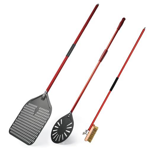 Onilini 3 Pieces Pizza Tools Set, 13 Inches Perforated Pizza Peel, 9 inch Hard Anodized Pizza Turning Peel, 43 inch Oven Cleaning Brush, 3 PCS Oven Accessories(Red)