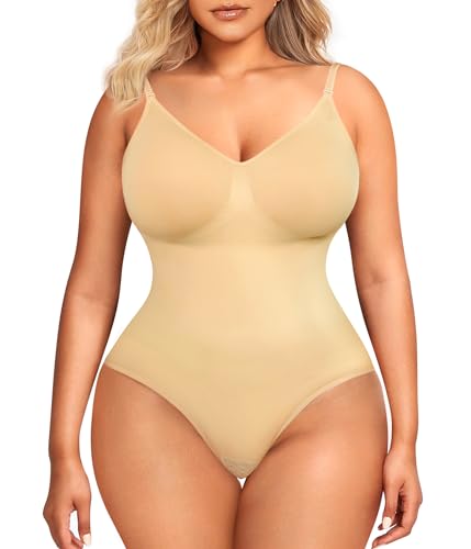 BRABIC Bodysuit for Women Seamless Tummy Control Shapewear Sleeveless Tank Tops Body Shaper, Beige Thong, Medium/Large