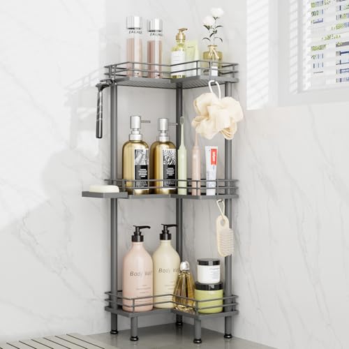 Image of Consumest Corner Shower Caddy Standing - 3-Tier Stainless Steel Shower Organizer with Soap Holder and 4 Hooks, Large Capacity Corner Shelf Stand for Bathroom, Rest Room, Grey