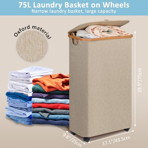 Image of efluky Slim Laundry Hamper with Wheels, Narrow Laundry Basket with Lid and Removable Bag, Aesthetic Dirty Clothes Hamper on Wheels for Laundry Room, Bedroom, Dorm and Bathroom, 75L Beige