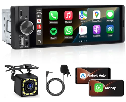 Autoradio 1 DIN, CarPlay Voiture & Android Auto sans Fil avec Caméra de Recul, Poste Radio Bluetooth Main Libre, 6,36