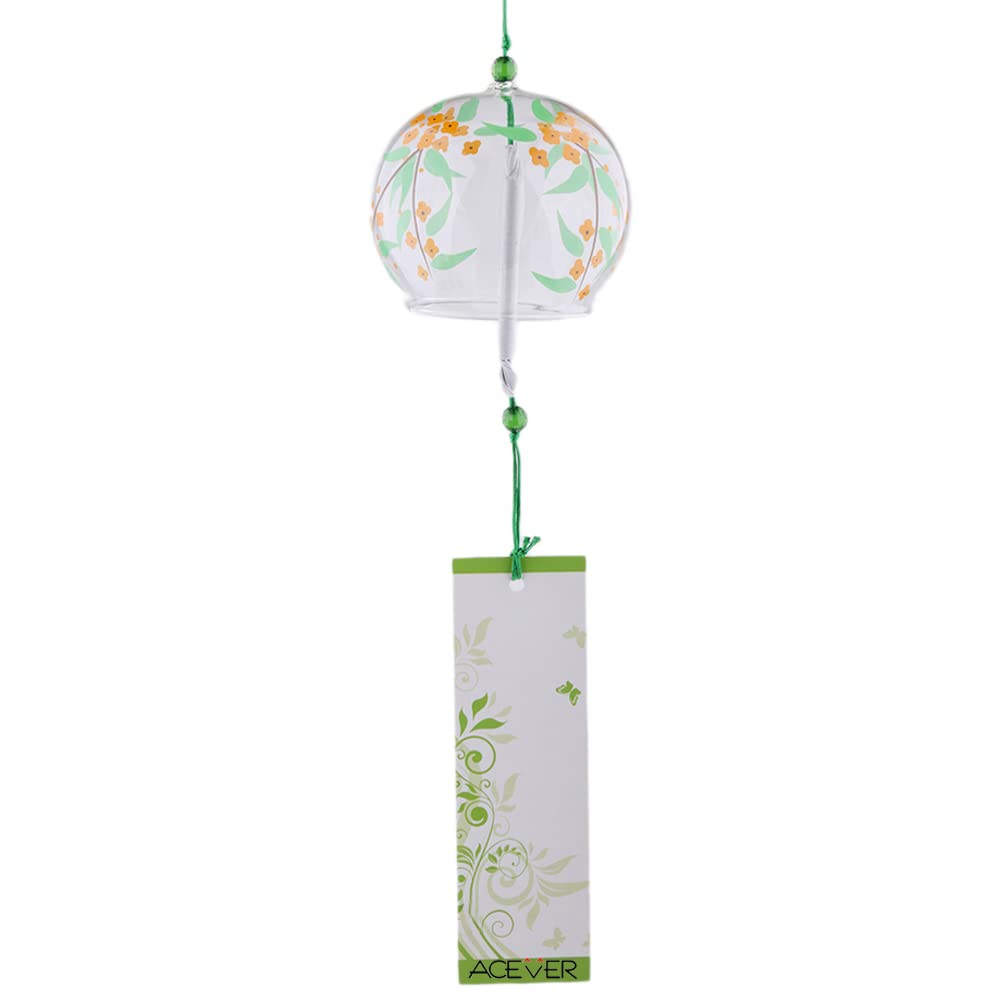Japanese Edo Furin Glass Wind Chime Bell Birthday Wedding Mothers Day Valentines Day Christmas New Year Easter Home Garden Decor, Yellow Flower