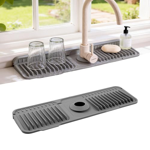 ZJWZLG Faucet Mat for Kitchen Sink, 17.7'X5.5' Silicone Sink Splash Guard with Soap Holder, Snap-On Design & 7°slope Fast Drain, Folding Sink Faucet Mat for Universal Kitchen Bathroom Sink（Grey）
