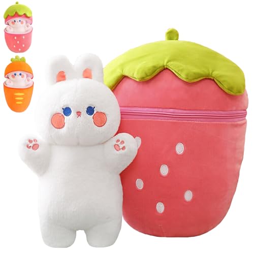 Peluche de Conejito de Pascua, 30 cm Suave y Tierno Fresa de Peluche Conejito, Muñeco Conejo, Bunny Peluche, Muñeco de Peluche de Conejo con Cremallera para Adultos Niños Regalo