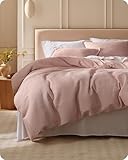Bedsure Cotton Duvet Cover Queen - 100% Cotton Waffle Weave Pink Duvet Cover Queen Size, GentleSoft™ and Breathable Bedding Set for All Season, 3 Pieces, 90